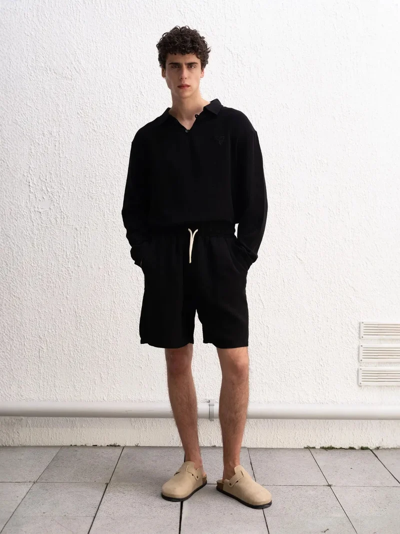 جيستو GIESTO Men's Relaxed Fit Textured Cotton Drawstring Shorts